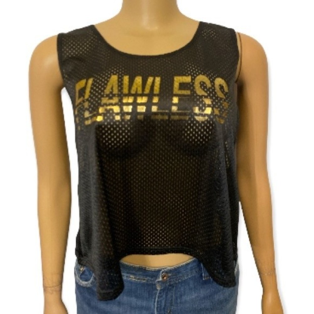 miss popular Top tank perforated flawless graphic black Gold lettering size L